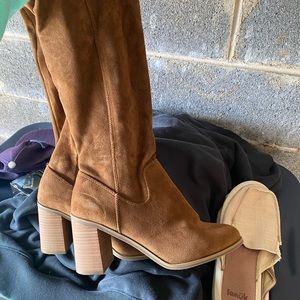 Brown Swede chunky heel boot